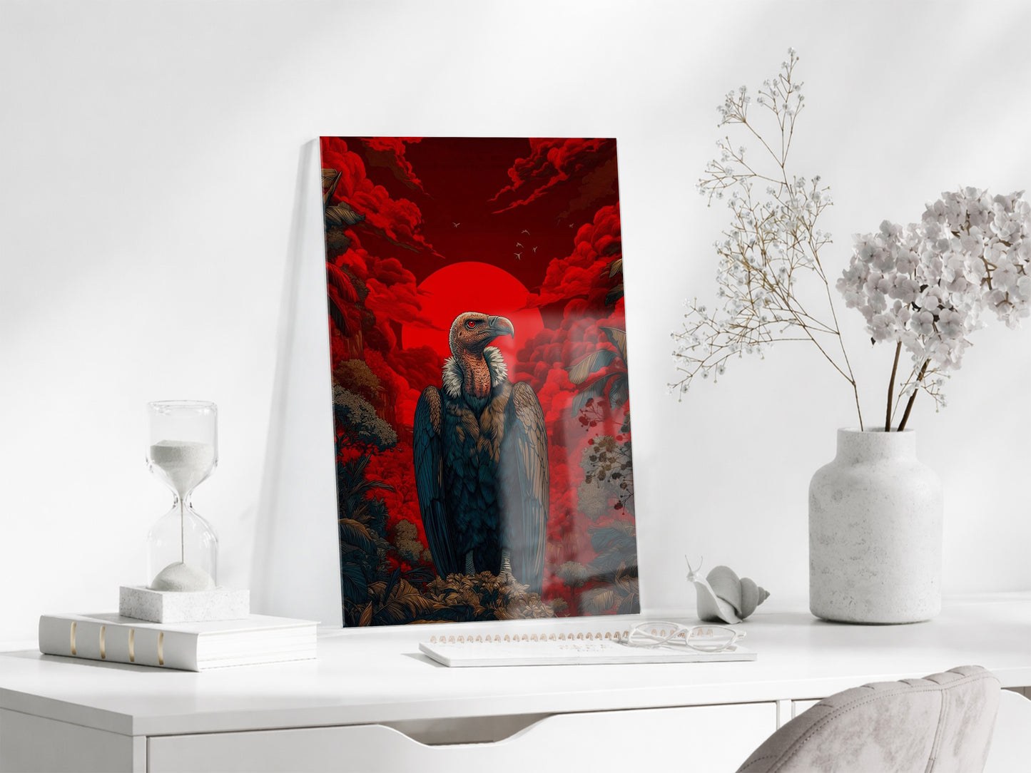 Kızıl Güneş Fonlu Akbaba Cam Tablo – Güç ve Hakimiyet Temalı Modern Duvar Dekoru - Peony079