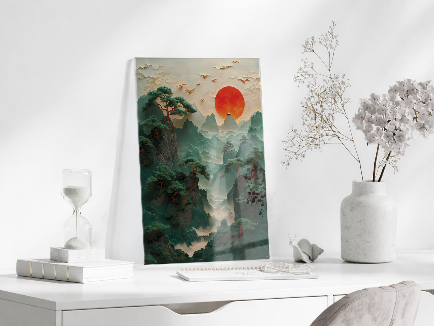Modern Asya Manzarası Cam Tablo – Dağ ve Kızıl Güneş Temalı Sanatsal UV Baskılı Temperli Cam Duvar Tablosu - Peony008