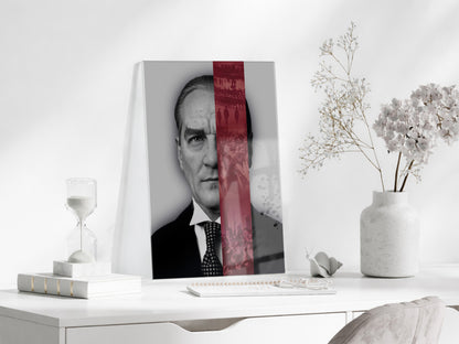 Atatürk Cam Tablo – Lider ve Millet Temalı, Kırmızı Şerit Detaylı 4 mm Temperli Cam Duvar Dekoru -PeonyAta1019