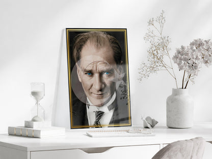 Mavi Gözlü Mustafa Kemal Atatürk Cam Tablo | 4 mm Temperli UV Baskılı Premium Duvar Dekoru -PeonyAta1305