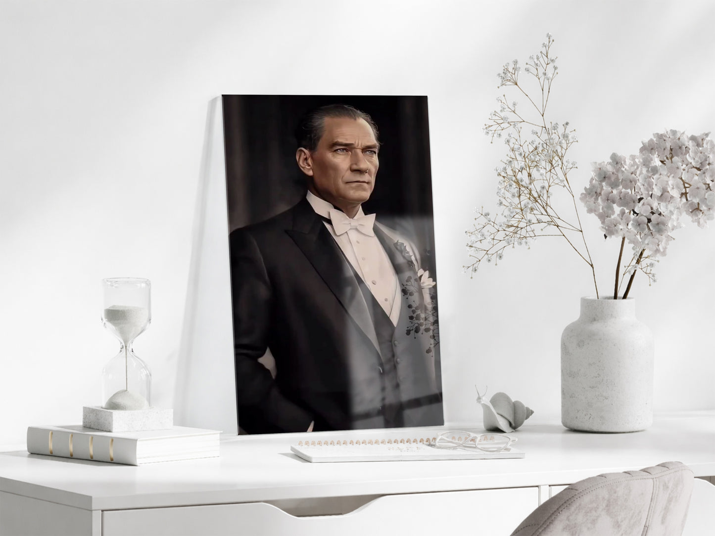 Atatürk Fraklı Cam Tablo – Klasik ve Asil Liderlik Temalı Premium Cam Duvar Tablosu -PeonyAta063