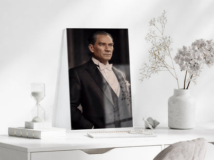 Atatürk Fraklı Cam Tablo – Klasik ve Asil Liderlik Temalı Premium Cam Duvar Tablosu -PeonyAta063