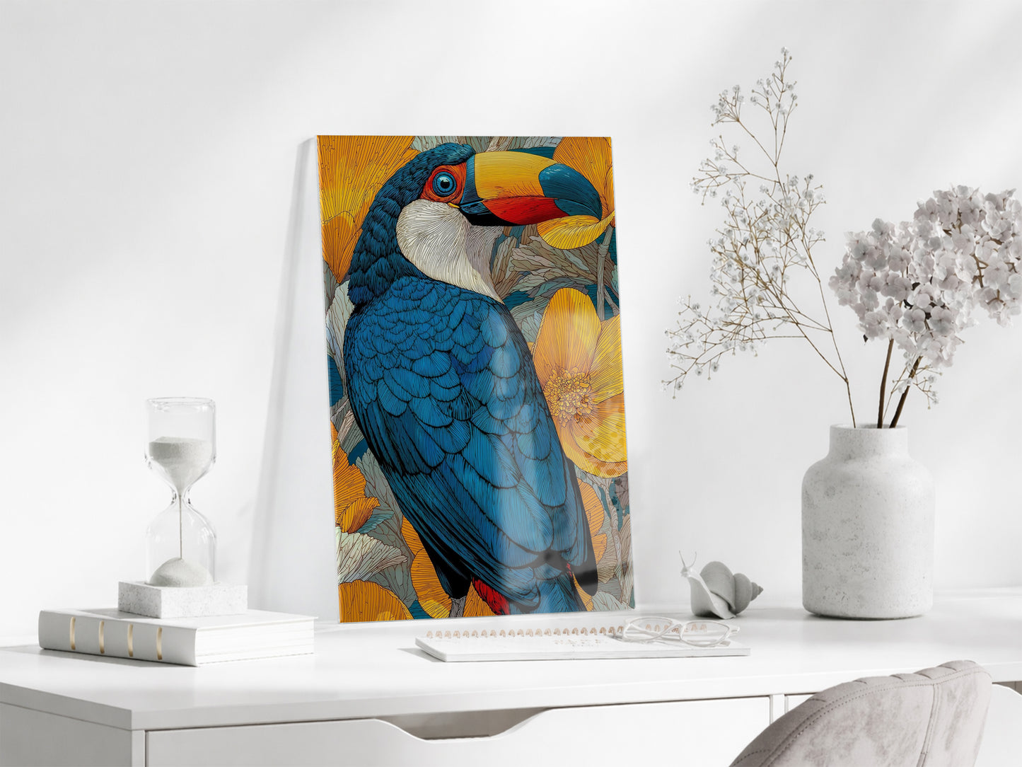 Renkli Tukan Kuşu Cam Duvar Tablosu – Tropikal Çiçekli Modern Tasarım- Peony117