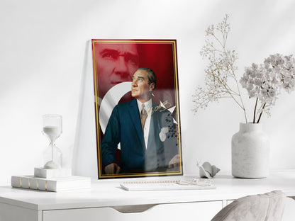 Mustafa Kemal Atatürk Türk Bayraklı Cam Tablo | İmzalı 4 mm Temperli UV Baskılı Premium Duvar Tablosu -PeonyAta1304