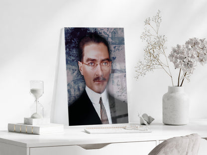Atatürk Cam Tablo – Gözlüklü Portre Tasarımı, 4 mm Temperli Cam Üzerine Modern ve Prestijli Duvar Dekoru -PeonyAta1021