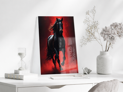 Kırmızı Arka Planlı Siyah At Cam Tablo – Güç ve Özgürlüğü Yansıtan Modern Sanatsal Duvar Dekoru - Peony021