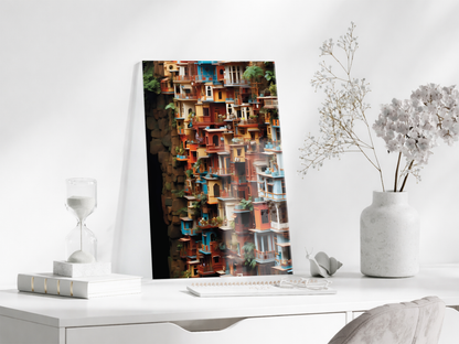 Modern Renkli Şehir Cepheleri Cam Tablo – Mimari ve Kentsel Sanat Temalı UV Baskılı Temperli Cam Duvar Tablosu - Peony019