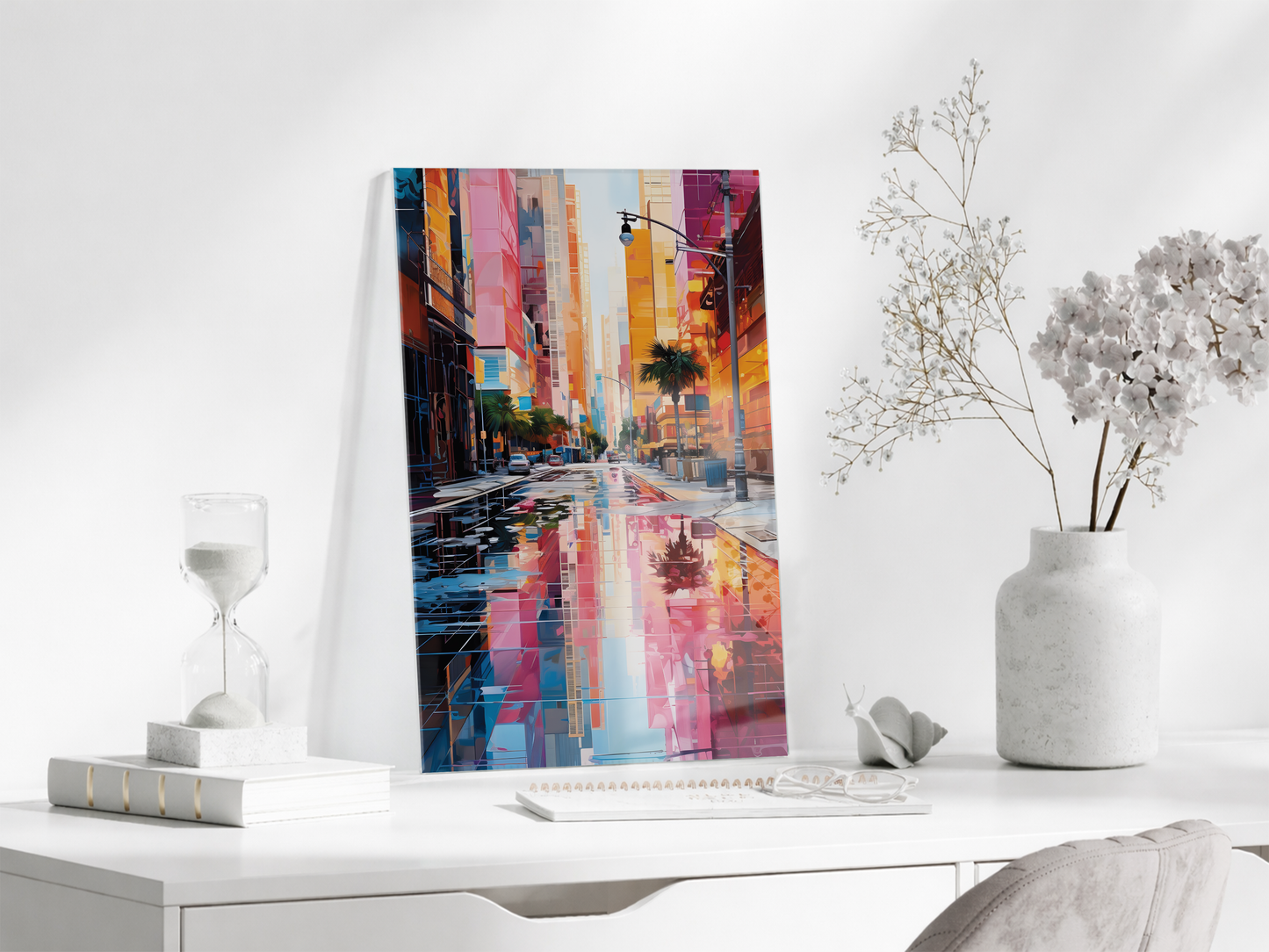 Renkli Modern Şehir Sokağı Cam Tablo – Yansımalı Sokak Manzarası ve Çağdaş Duvar Dekoru - Peony056