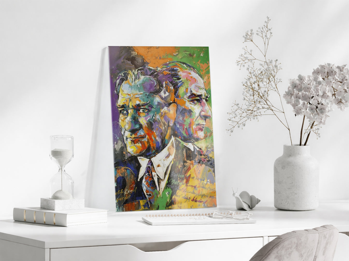 Sanatsal Çift Portre Mustafa Kemal Atatürk Cam Tablo | UV Baskılı Temperli Cam -PeonyAta1332
