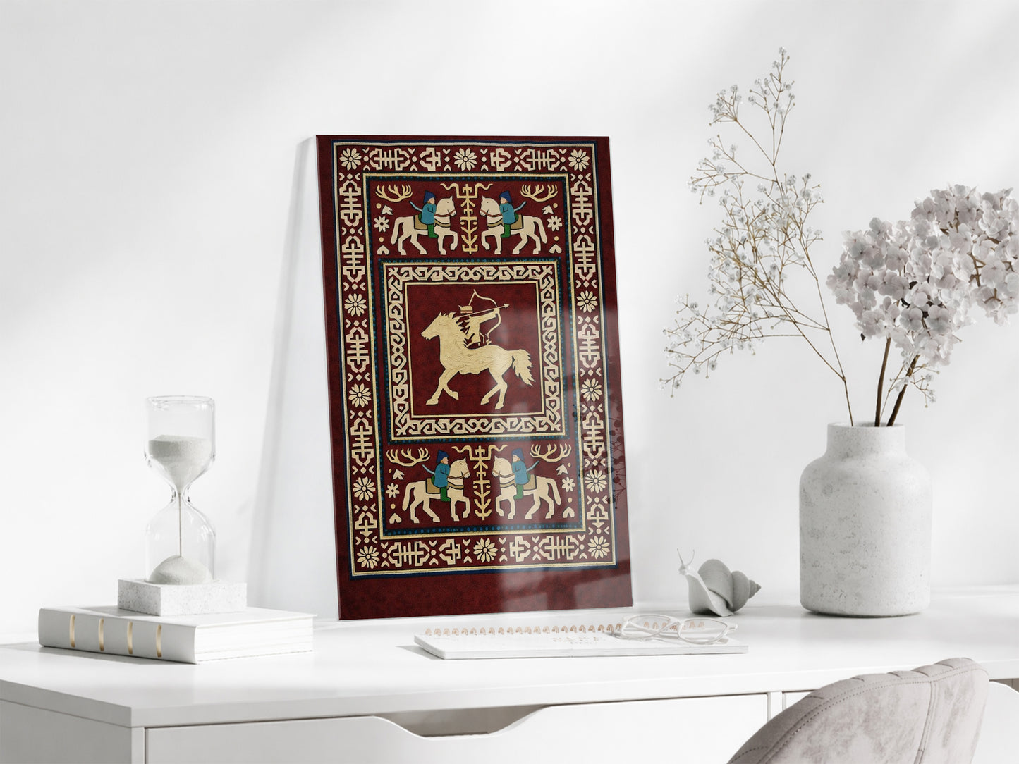 Orta Asya Türk Motifleri Cam Tablo – Atlı Okçu ve Geleneksel Türk Desenleri Duvar Dekoru - PeonyTrk009