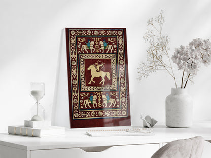 Orta Asya Türk Motifleri Cam Tablo – Atlı Okçu ve Geleneksel Türk Desenleri Duvar Dekoru - PeonyTrk009