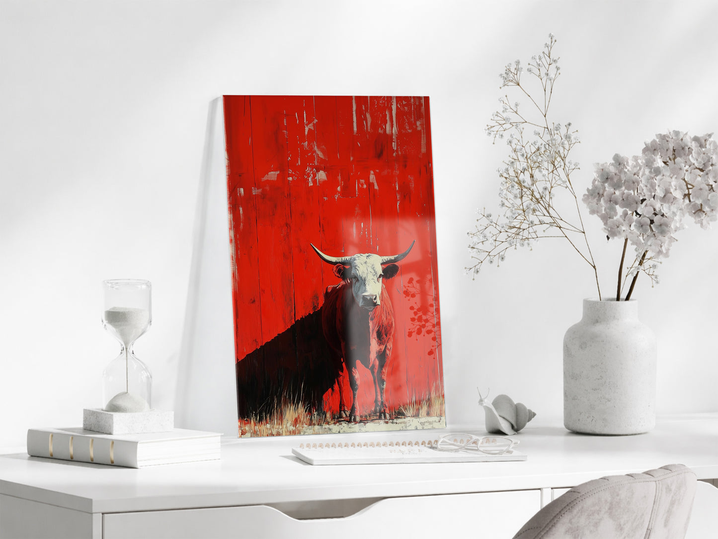 Kırmızı Zeminli Boğa Cam Tablo – Modern Güç ve Kararlılık Temalı Duvar Dekoru - Peony075