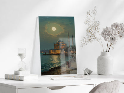 Dolunay Altında İstanbul Camii – Ay Işığında Osmanlı Mimarisi Cam Tablo - PeonyOsm007