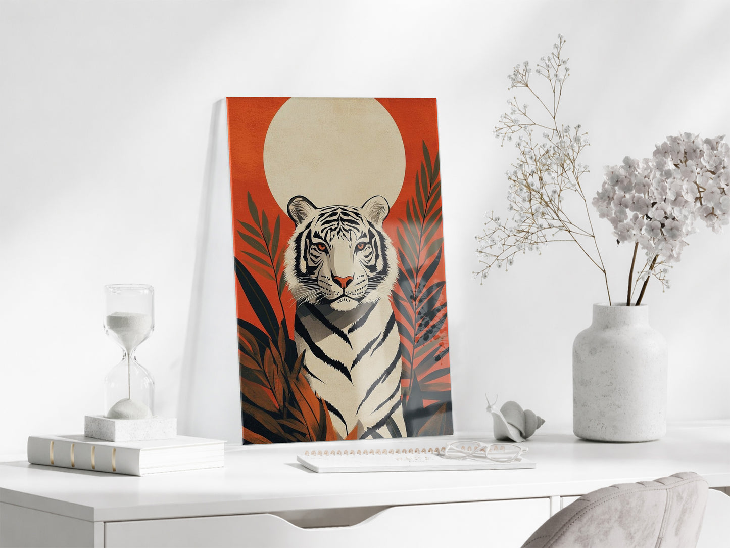 White Tiger Art – Tropikal Yapraklı Minimal Cam Tablo - Peony142