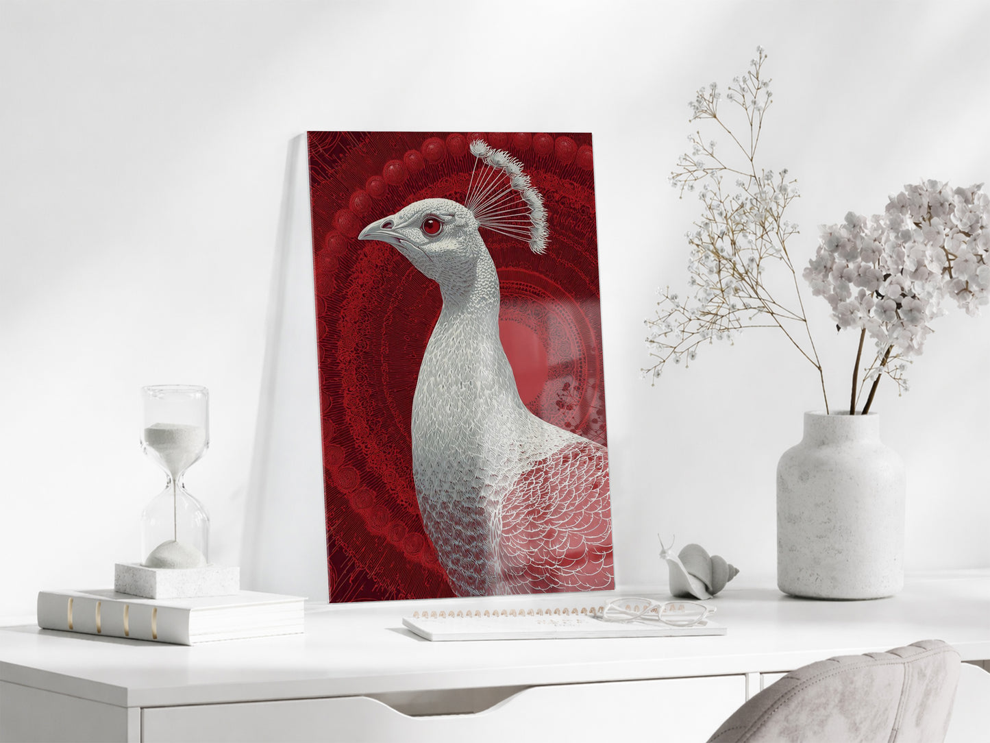 Mistik Kırmızı Arka Planlı Tavus Kuşu Cam Tablo – Lüks ve Sanatsal Duvar Dekoru - Peony083