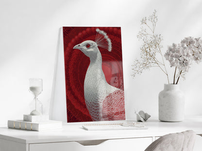 Mistik Kırmızı Arka Planlı Tavus Kuşu Cam Tablo – Lüks ve Sanatsal Duvar Dekoru - Peony083