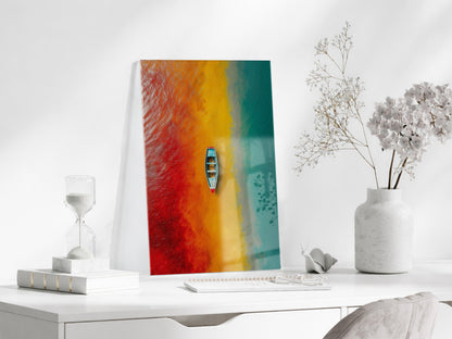 Kırmızı, Sarı ve Turkuaz Geçişli Deniz – Minimal Tekne Duvar Tablosu - Peony136