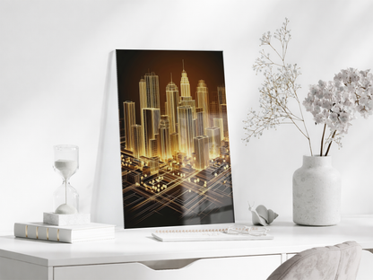 Altın Şehir – Fütüristik Metropol ve Dijital Ağ Cam Tablo - Peony046