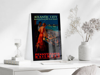 Atlantic City Vintage Cam Tablo | Art Deco Seyahat Posteri UV Baskılı Temperli Cam Duvar Dekoru - Peony152