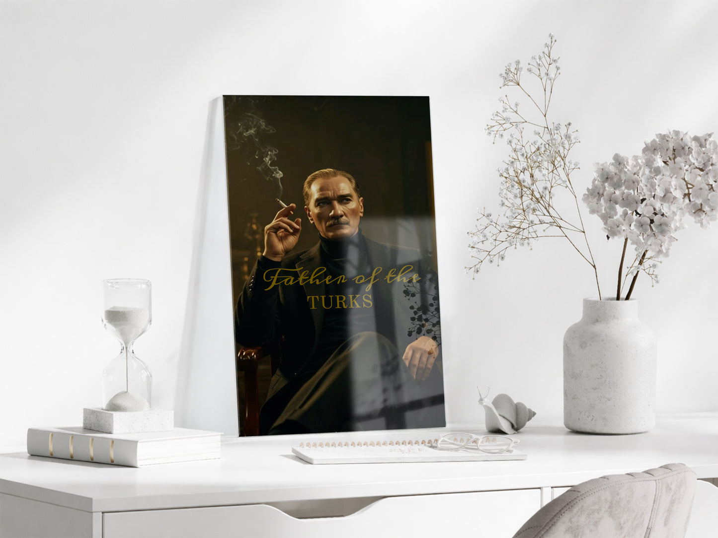 Father of the Turks Atatürk Cam Tablo | Gold Yazı Detaylı Modern Portre, Premium UV Baskı Temperli Cam Atatürk Duvar Dekoru PeonyAta051