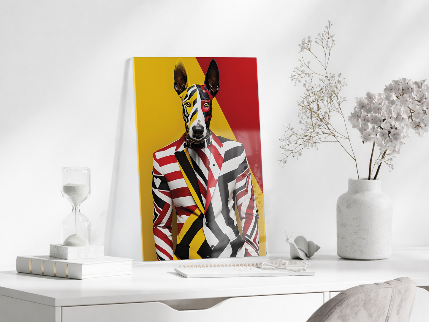 Modern Pop Art Köpek Portresi Cam Tablo – Renkli ve Şık Sanatsal UV Baskılı Temperli Cam Duvar Tablosu - Peony012