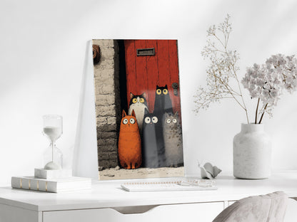 Şaşkın Bakışlı Kediler – Modern ve Minimal İllüstrasyon Cam Tablo- Peony130