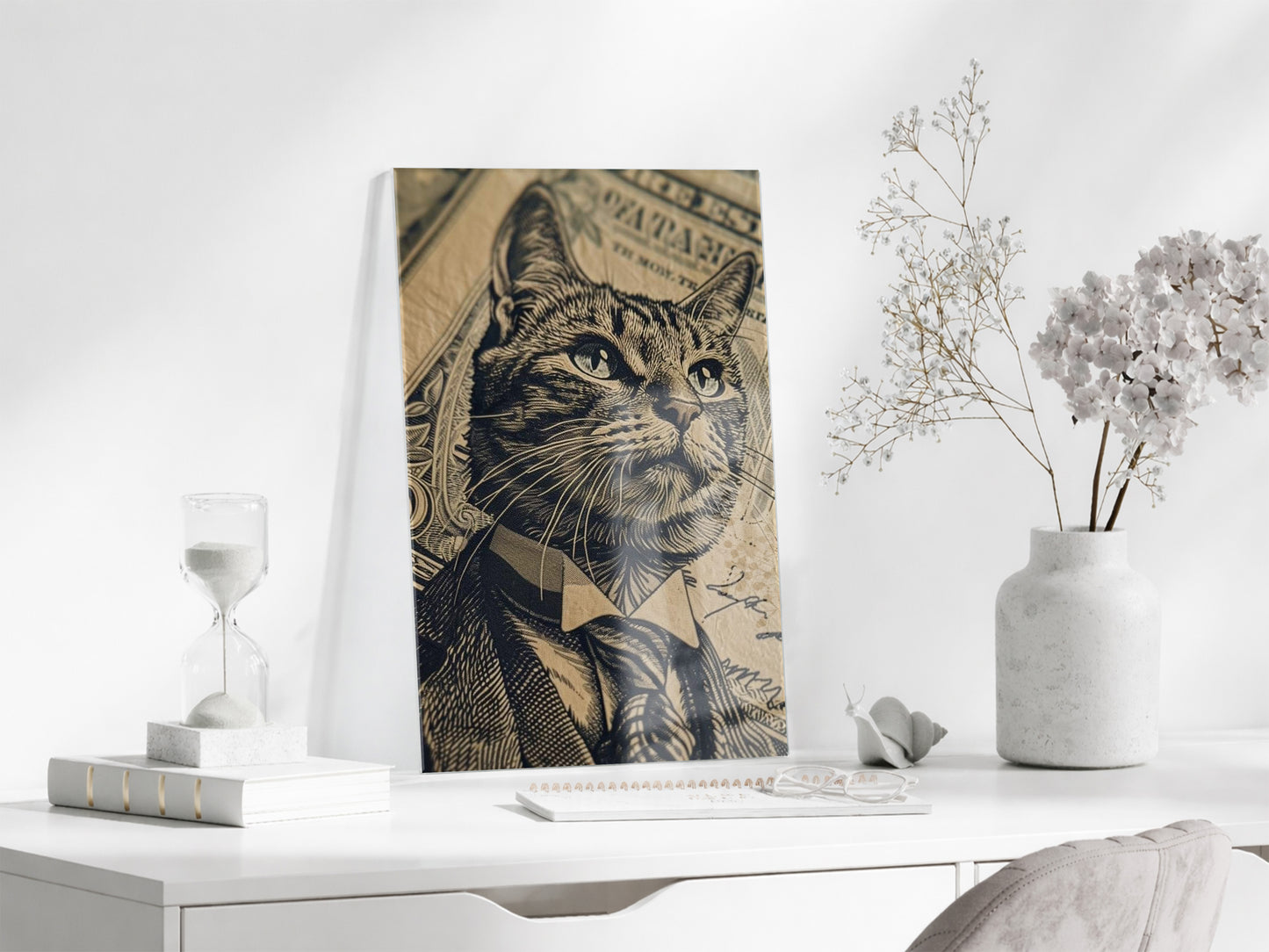 Business Cat Art – Retro Banknot Stil Cam Duvar Dekoru - Peony115