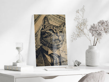 Business Cat Art – Retro Banknot Stil Cam Duvar Dekoru - Peony115