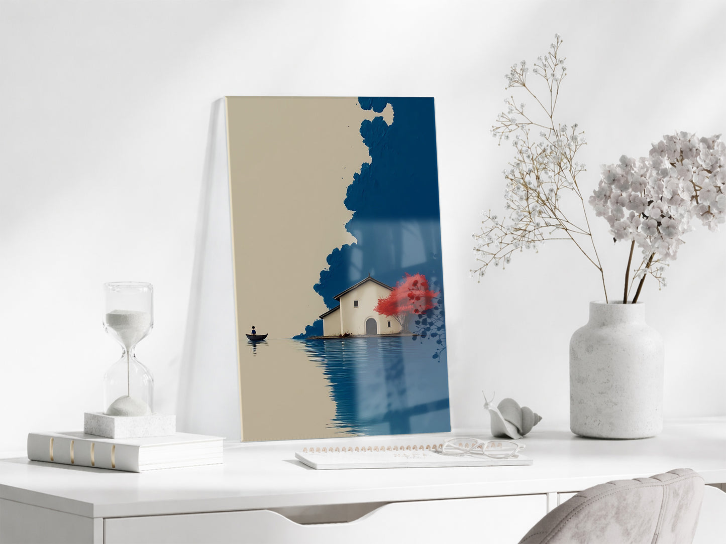 Minimal Göl Evi Manzarası – Kırmızı Ağaçlı Modern Duvar Tablosu - Peony133