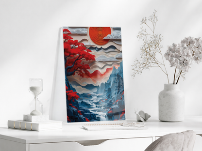 Modern Soyut Asya Manzarası Cam Tablo – Kızıl Güneş ve Dağ Temalı Sanatsal UV Baskılı Temperli Cam Duvar Tablosu - Peony009