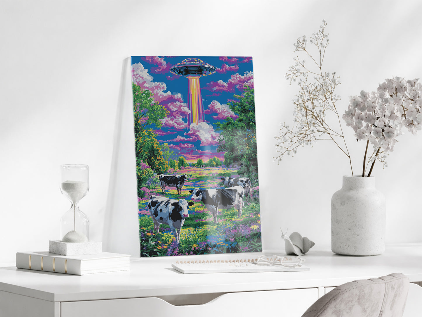 UFO ve Renkli Tarlada İnekler – Fantastik Manzara Duvar Tablosu - Peony128