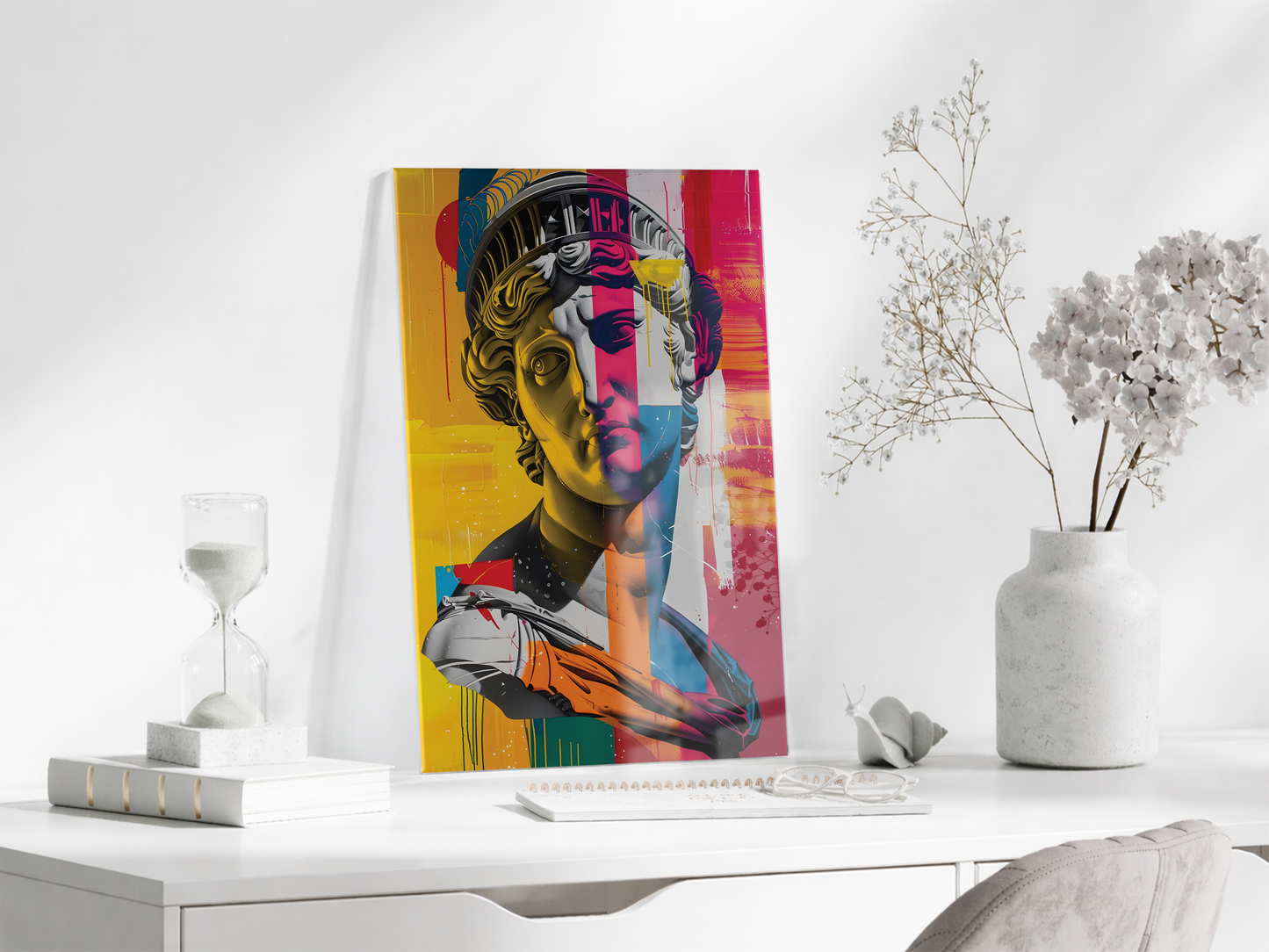 Modern Pop Art Heykel Portre Cam Tablo – Renkli Sanat Temalı UV Baskılı Temperli Cam Duvar Tablosu - Peony010