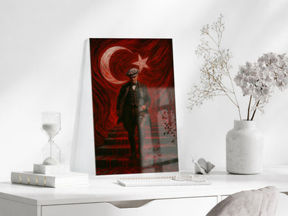 Atatürk Sanatsal Cam Tablo – Ay Yıldızlı Kırmızı Fonlu Devrim Temalı Duvar Sanatı -PeonyAta062