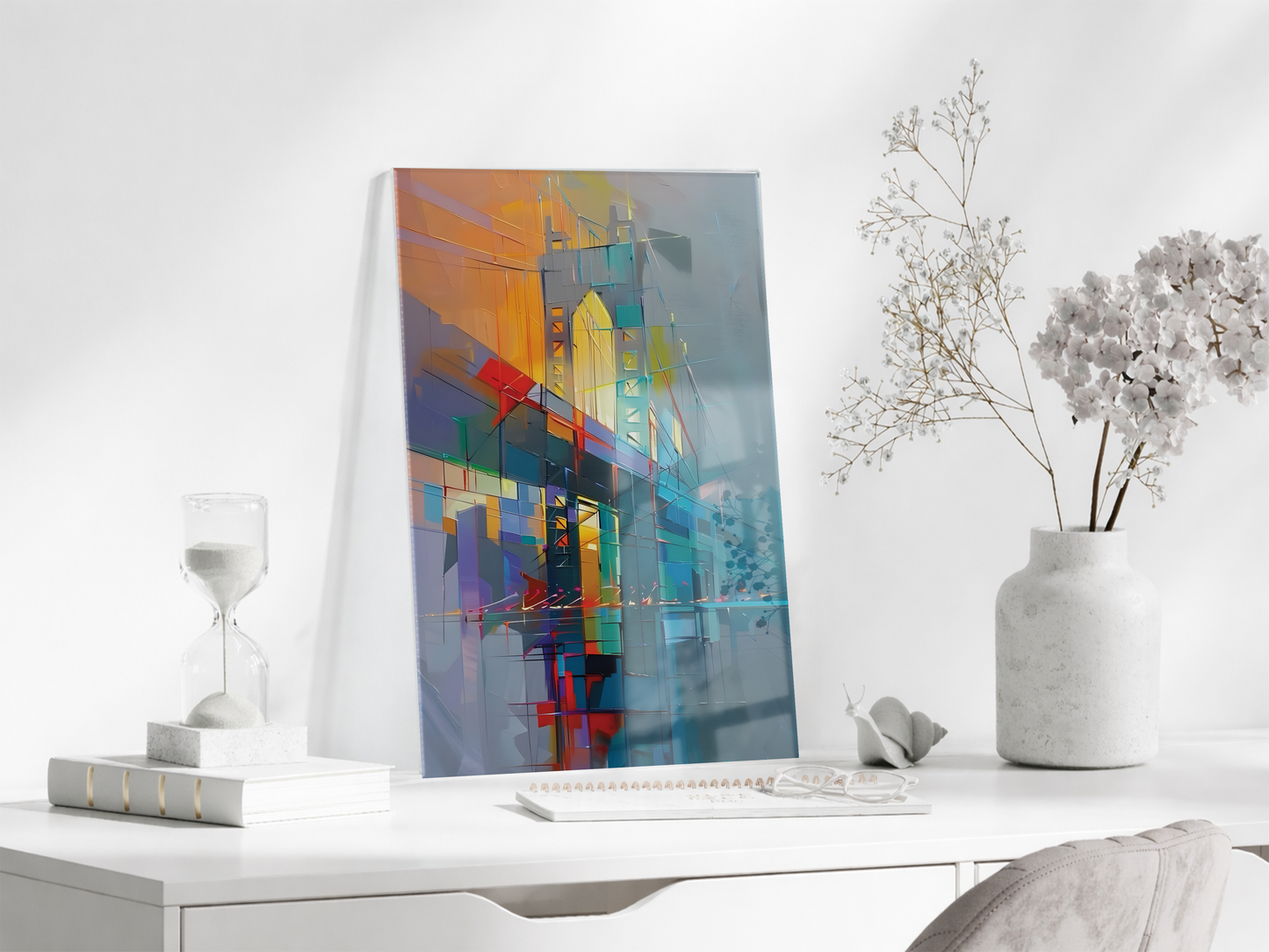 Modern Şehrin Ritmi – Soyut Mimari ve Işık Temalı Cam Tablo- Peony048
