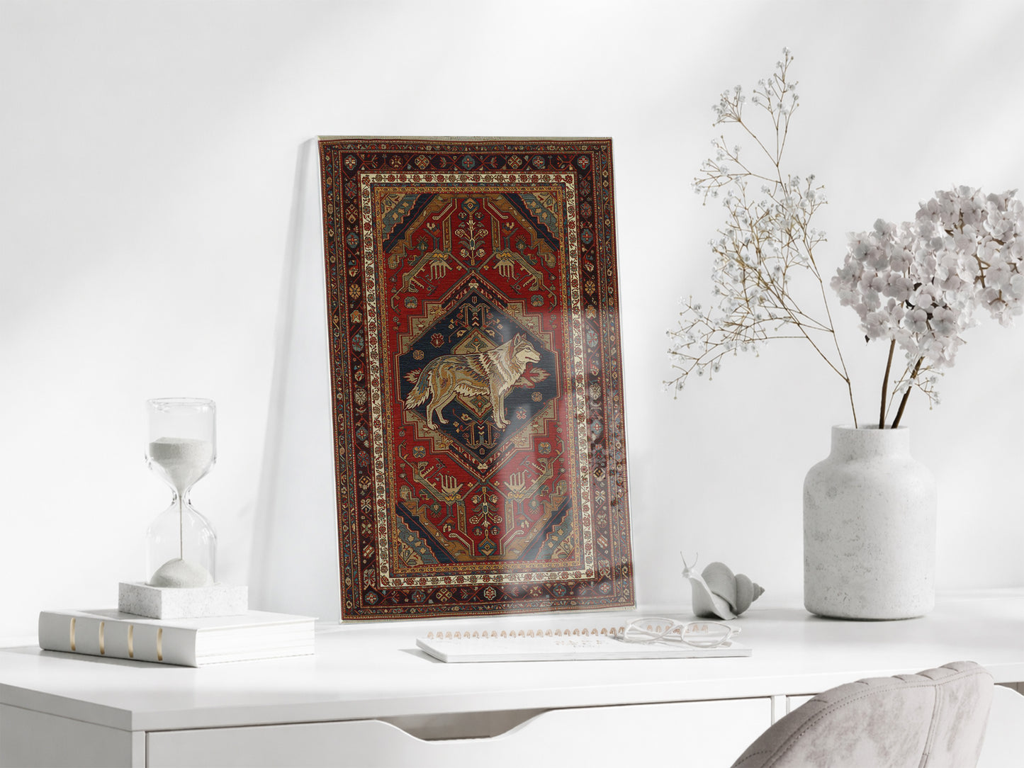 Bozkurt Motifli Türk Halı Deseni Cam Tablo – Geleneksel Orta Asya Duvar Dekoru - PeonyTrk018