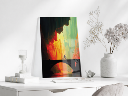 Modern Soyut Köprü ve Yolculuk Cam Tablo – Gün Batımı Renk Geçişli Sanatsal UV Baskılı Temperli Cam Duvar Tablosu - Peony017