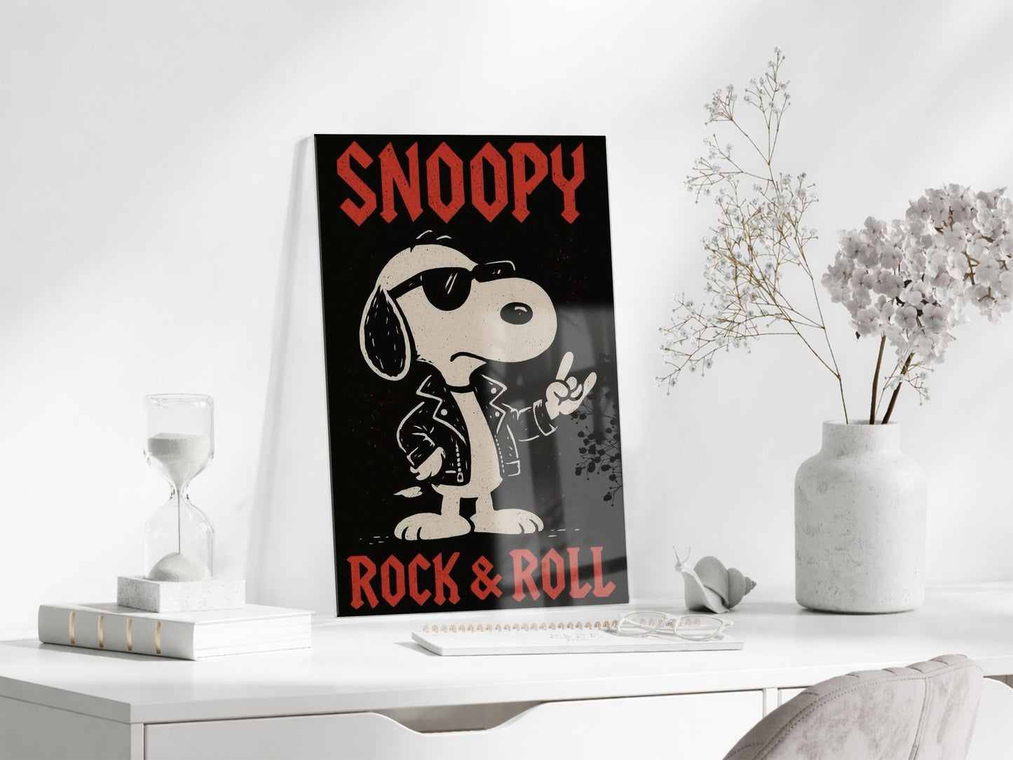 Snoopy Rock & Roll Tasarım Cam Tablo – Genç Odası Duvar Dekoru - Peony108