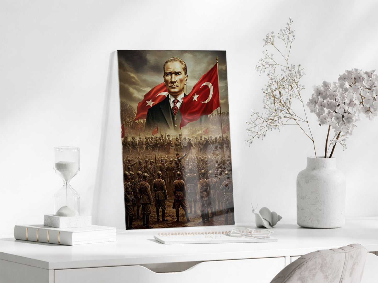 Atatürk ve Türk Bayrağı Cam Baskı Tablo | Kurtuluş Savaşı Temalı Tarihi Duvar Dekoru, 4mm Temperli Cam, Yüksek Çözünürlüklü UV Baskı PeonyAta044