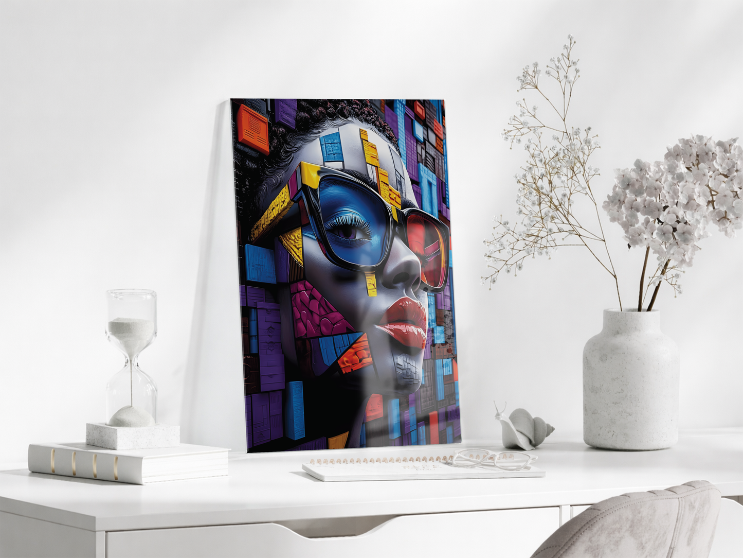 Geometrik Portre Soyut Cam Tablo – Modern Pop Art Stilinde UV Baskılı Temperli Cam Duvar Tablosu - Peony028