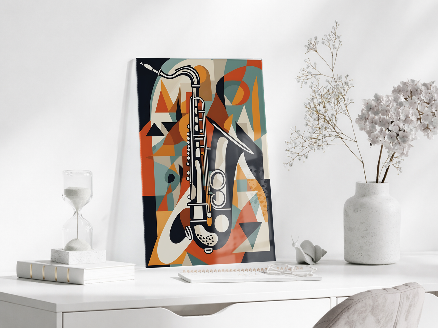 Soyut Saksafon Cam Tablo – Modern Jazz Temalı, UV Baskılı Temperli Cam Duvar Dekoru - Peony041