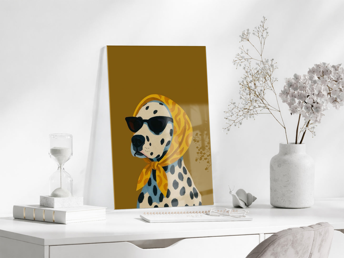 Retro Stil Köpek Tablosu – Hardal Zeminli Dekoratif Baskı - Peony126