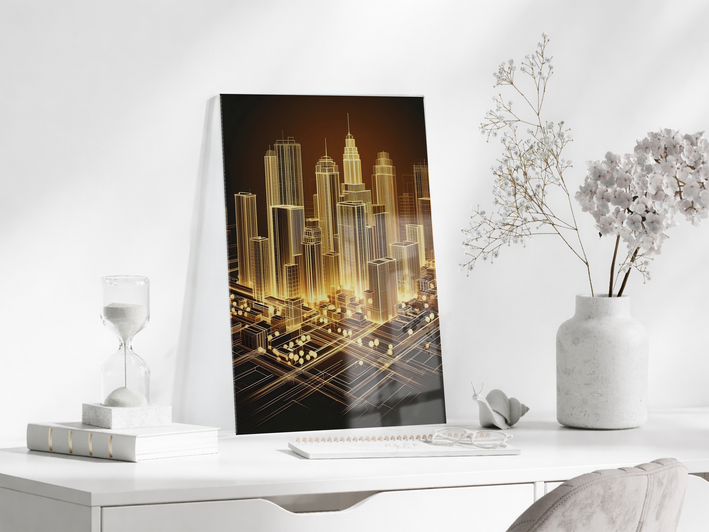 Modern Altın Şehir Silüeti Cam Baskı Tablo | 4mm Temperli Cam, Yüksek Çözünürlüklü UV Baskı, Parlak Yüzey, Ofis ve Salon Duvar Dekoru - Peony046