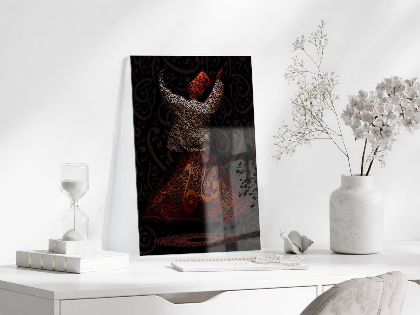 Allah Lafzı ile Sema Eden Mevlevi Derviş Cam Tablo | Tasavvuf Sanatı, İlahi Aşk ve Zikir Temalı İslami Hat Duvar Dekoru - PeonyDini0105