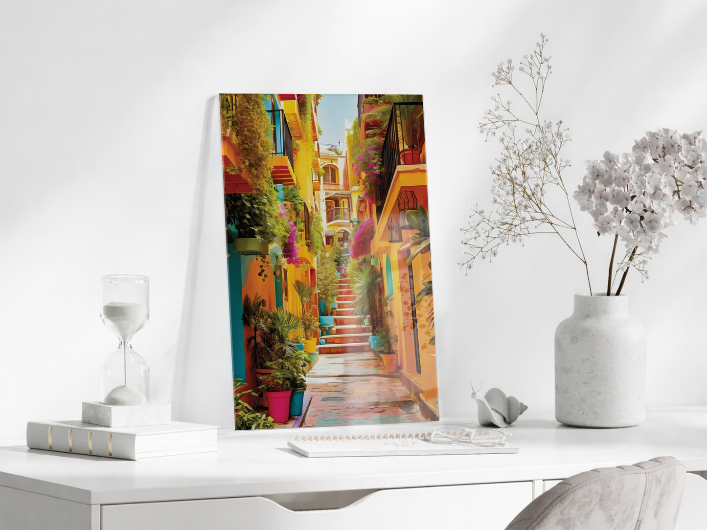 Renkli Akdeniz Sokağı Cam Tablo – Canlı Mimari ve Dar Sokak Temalı Dekoratif Duvar Tablosu - Peony054
