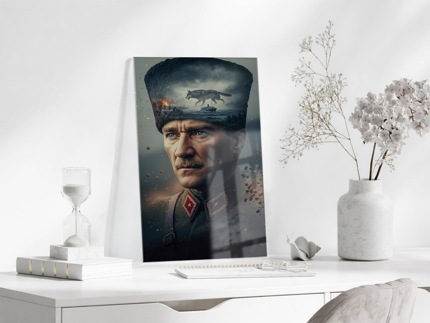 Atatürk Askeri Portre Cam Tablo – Kurtuluş Savaşı ve Liderlik Temalı 4 mm Temperli Cam -PeonyAta055