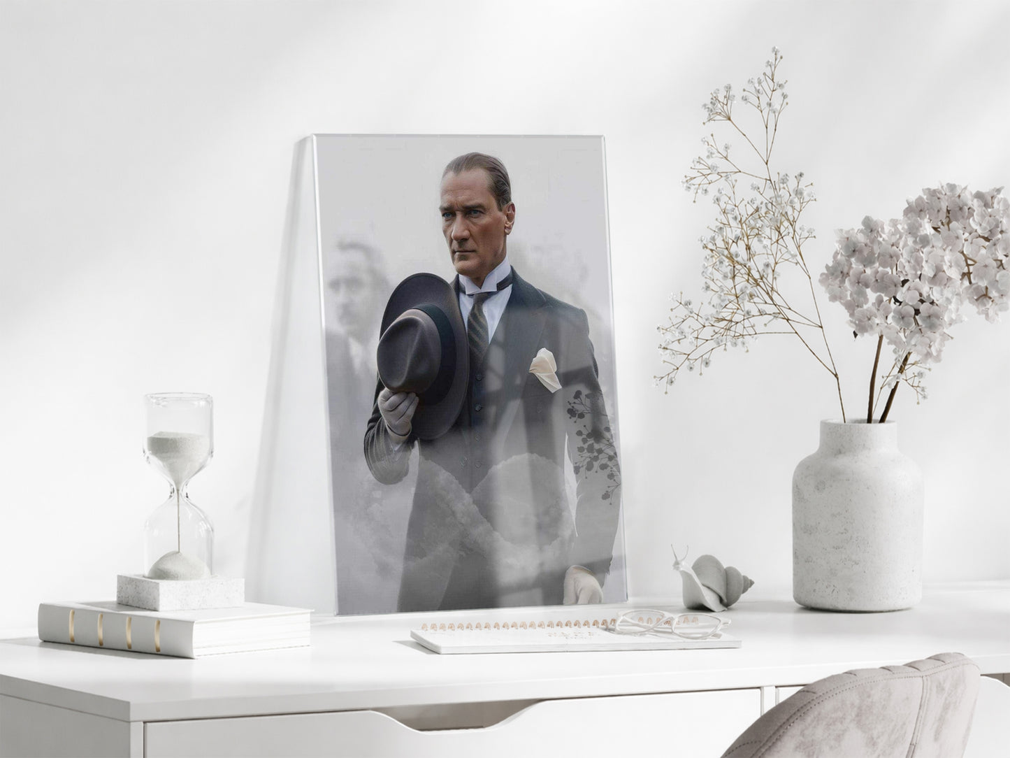 Atatürk Şapkalı Portre Cam Tablo | Zarif ve Güçlü Atatürk Tasviri, Modern Duvar Dekoru, UV Baskı Temperli Cam PeonyAta048