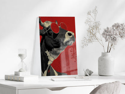 Pop Art Tarzı Boğa Cam Tablo – Kırmızı Arka Planlı Karizmatik Duvar Dekoru - Peony077