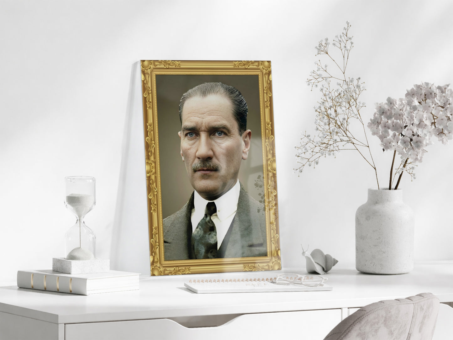 Mustafa Kemal Atatürk Klasik Portre Cam Tablo | Altın Çerçeve Görünümlü 4 mm Temperli UV Baskılı -PeonyAta1311
