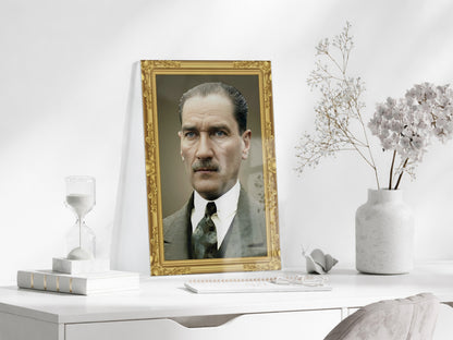 Mustafa Kemal Atatürk Klasik Portre Cam Tablo | Altın Çerçeve Görünümlü 4 mm Temperli UV Baskılı -PeonyAta1311