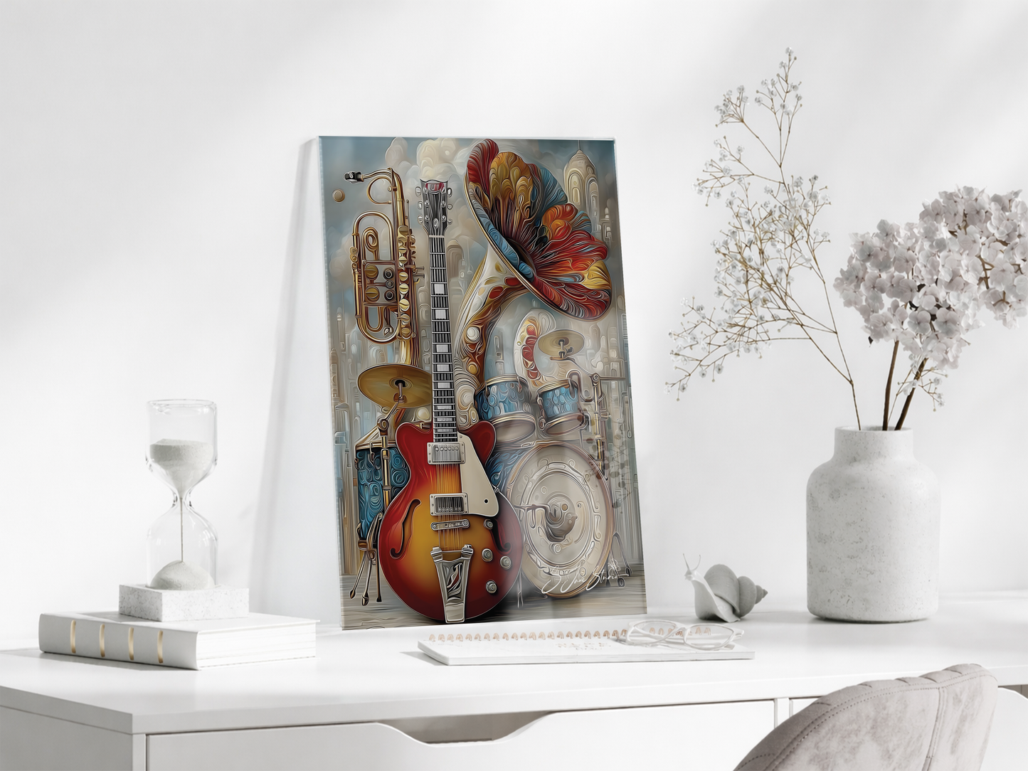 Modern Müzik Temalı Cam Tablo – Gitar, Trompet ve Davul Detaylı, Sanatsal UV Baskılı Temperli Cam Duvar Dekoru - Peony043